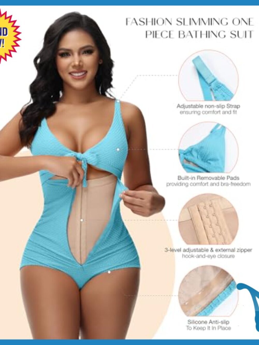 Tummy Control One Piece Swimsuit Push Up Cutout Tie Front Slimming - Picture 3 of 7